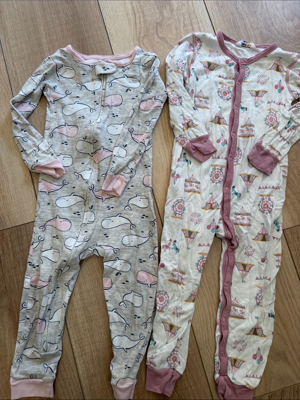 Carter's Gray & Pink Whale and Carousel Print Footie Pair